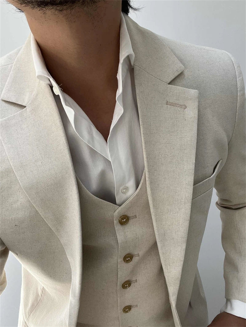 3 Pieces Linen Men Suits for Beach Party Slim Fit Beige Wedding Tuxedo for Groom Prom Male Fashion Suit Blazer with Vest Pants