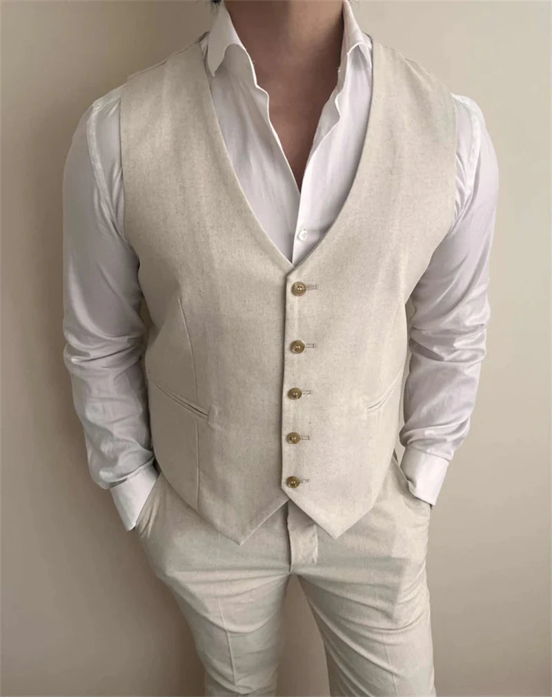 3 Pieces Linen Men Suits for Beach Party Slim Fit Beige Wedding Tuxedo for Groom Prom Male Fashion Suit Blazer with Vest Pants