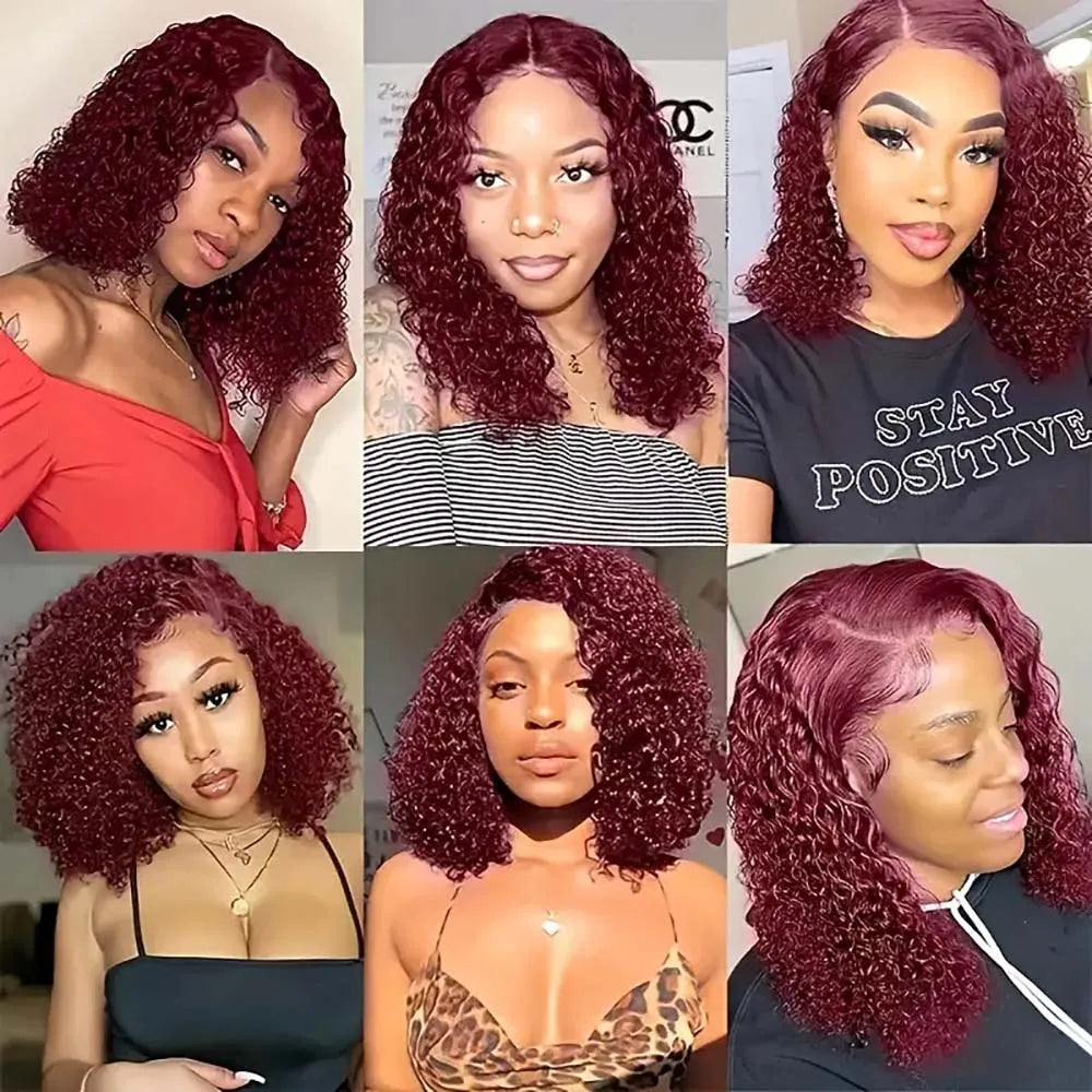 99J Burgundy Curly Wigs Brazilian 13x4 Full Lace Frontal Human Hair Wig 200% Density Colored Water Wave Short Bob Wig Human Hair