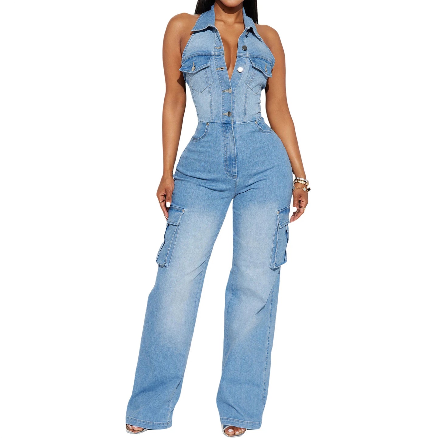HLJ Fashion Denim Jumpsuit Women Lapel Sleeveless Backless Cargo Pocket Patchwork Romper Female Streetwear Cowboy Overalls