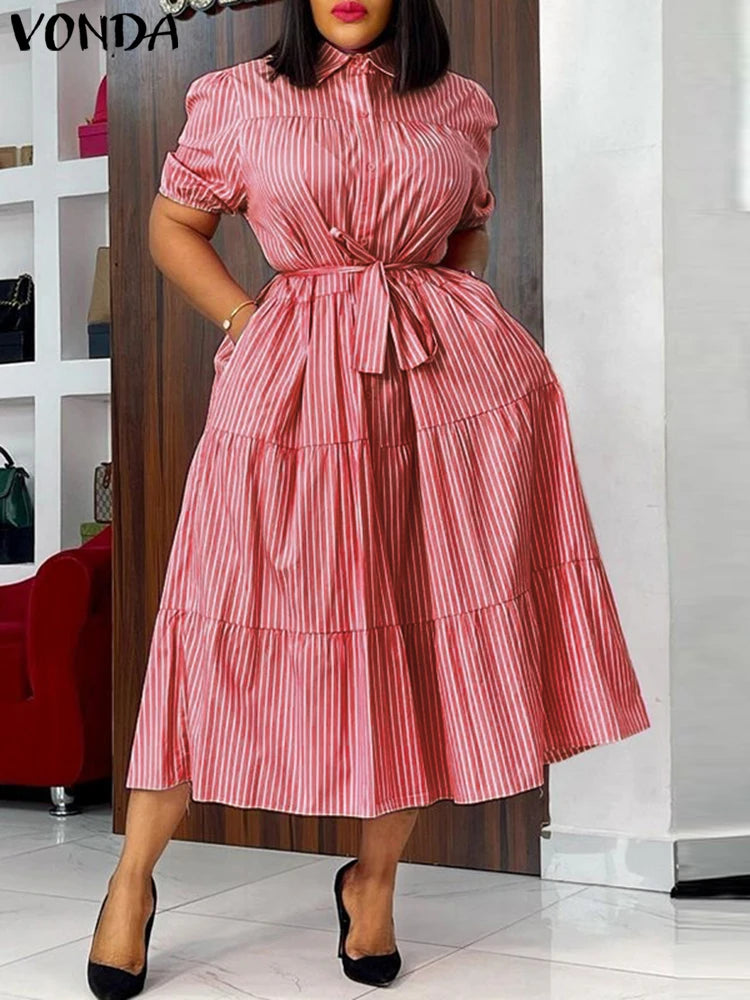 Plus Size 5XL VONDA Women Dress 2025 Short Sleeve Casual Elegant Shirt Sundress Elegant Loose Stripe Vestidos Belted