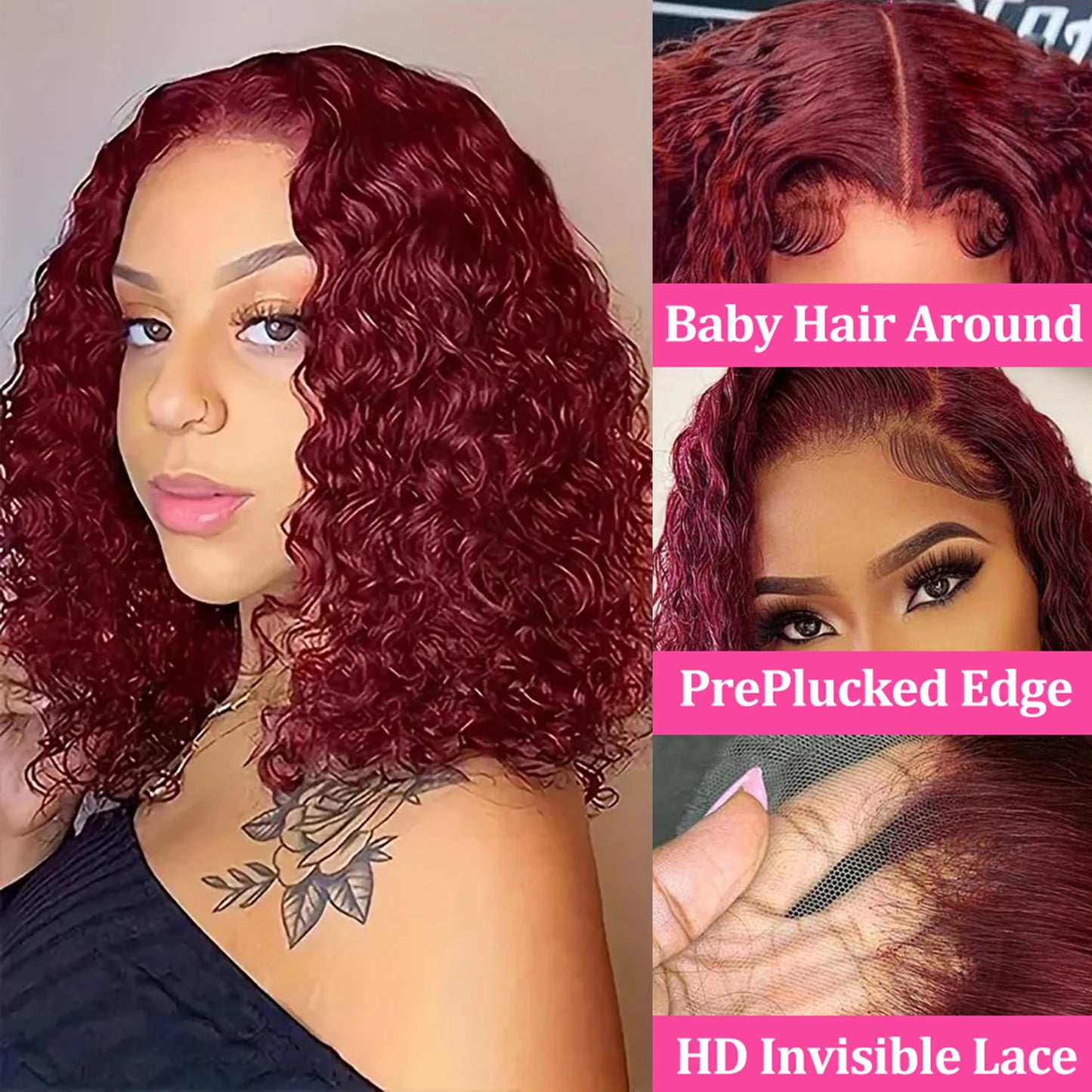 99J Burgundy Curly Wigs Brazilian 13x4 Full Lace Frontal Human Hair Wig 200% Density Colored Water Wave Short Bob Wig Human Hair