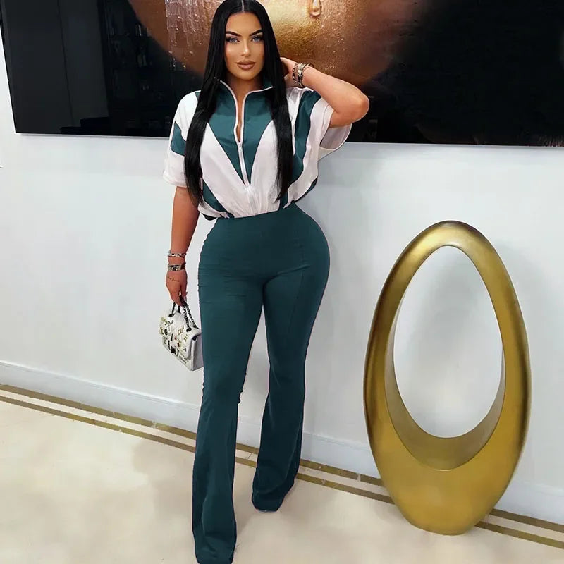 Front Zipper Turn-down Collar Patchwork One Piece Jumpsuit Women Short Sleeve High Waist Widel Leg Pants Casual Romper Overalls