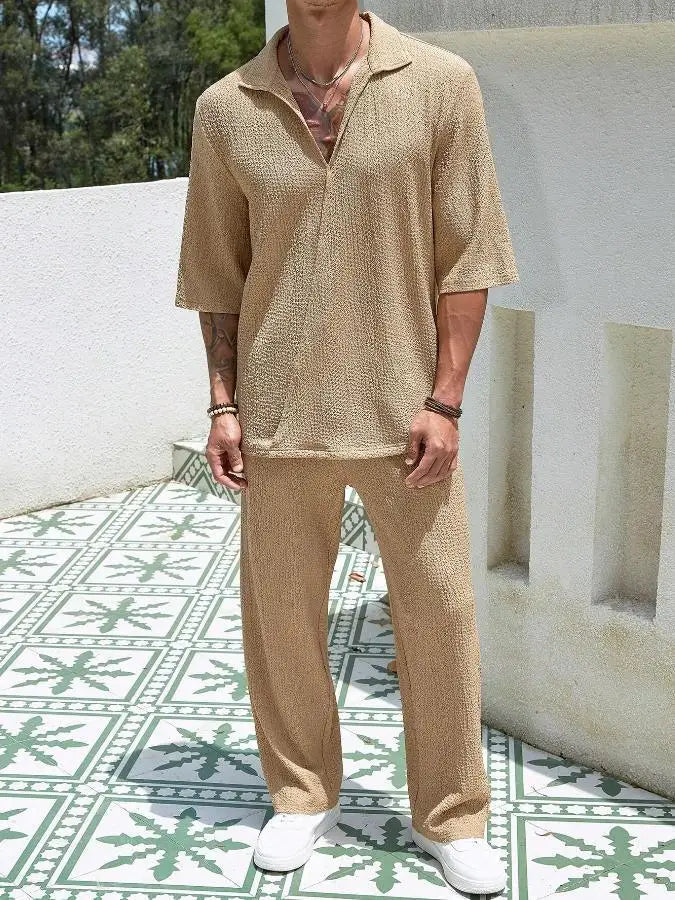 Summer Men's Set Half Sleeved Shirt and Long Pants Two-piece Turn-down V-neck Casual Streetwear Holiday Loose Suit Hot Sales