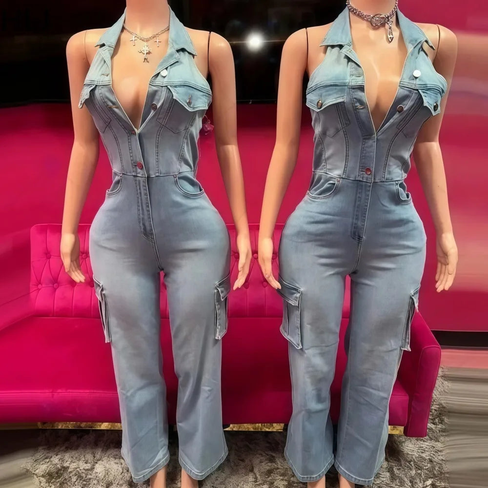 HLJ Fashion Denim Jumpsuit Women Lapel Sleeveless Backless Cargo Pocket Patchwork Romper Female Streetwear Cowboy Overalls