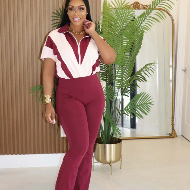 Front Zipper Turn-down Collar Patchwork One Piece Jumpsuit Women Short Sleeve High Waist Widel Leg Pants Casual Romper Overalls