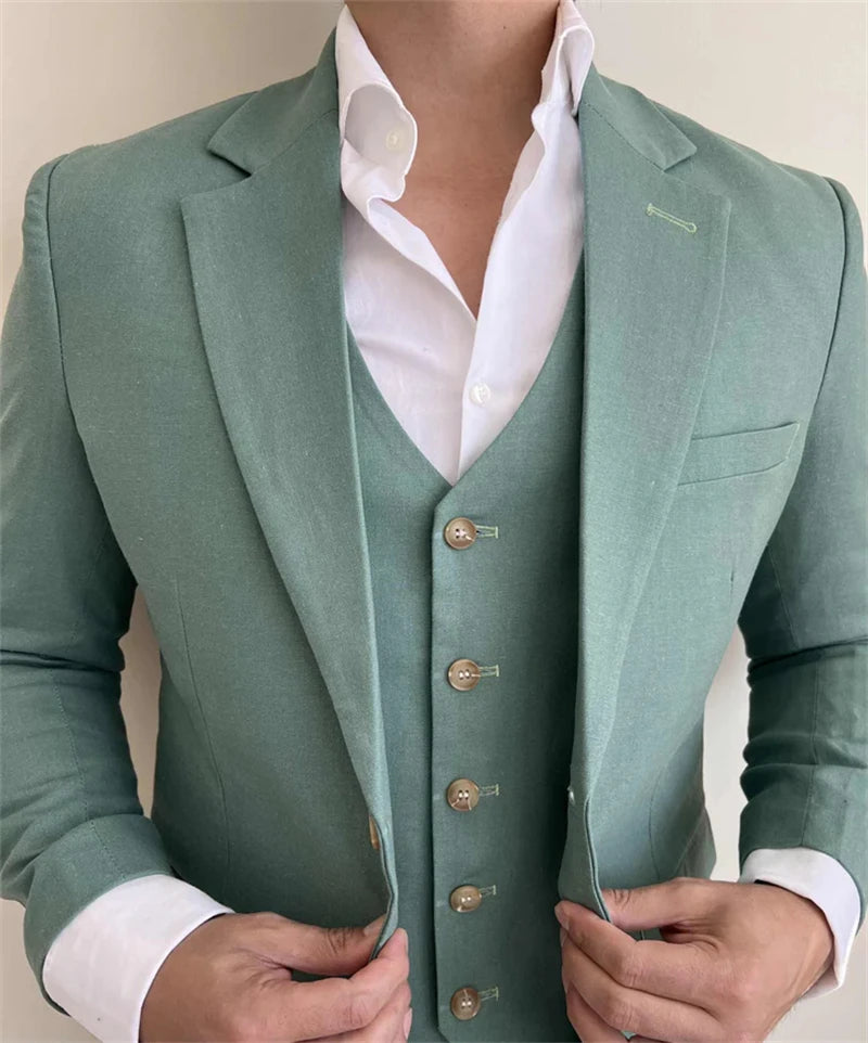3 Pieces Linen Men Suits for Beach Party Slim Fit Beige Wedding Tuxedo for Groom Prom Male Fashion Suit Blazer with Vest Pants