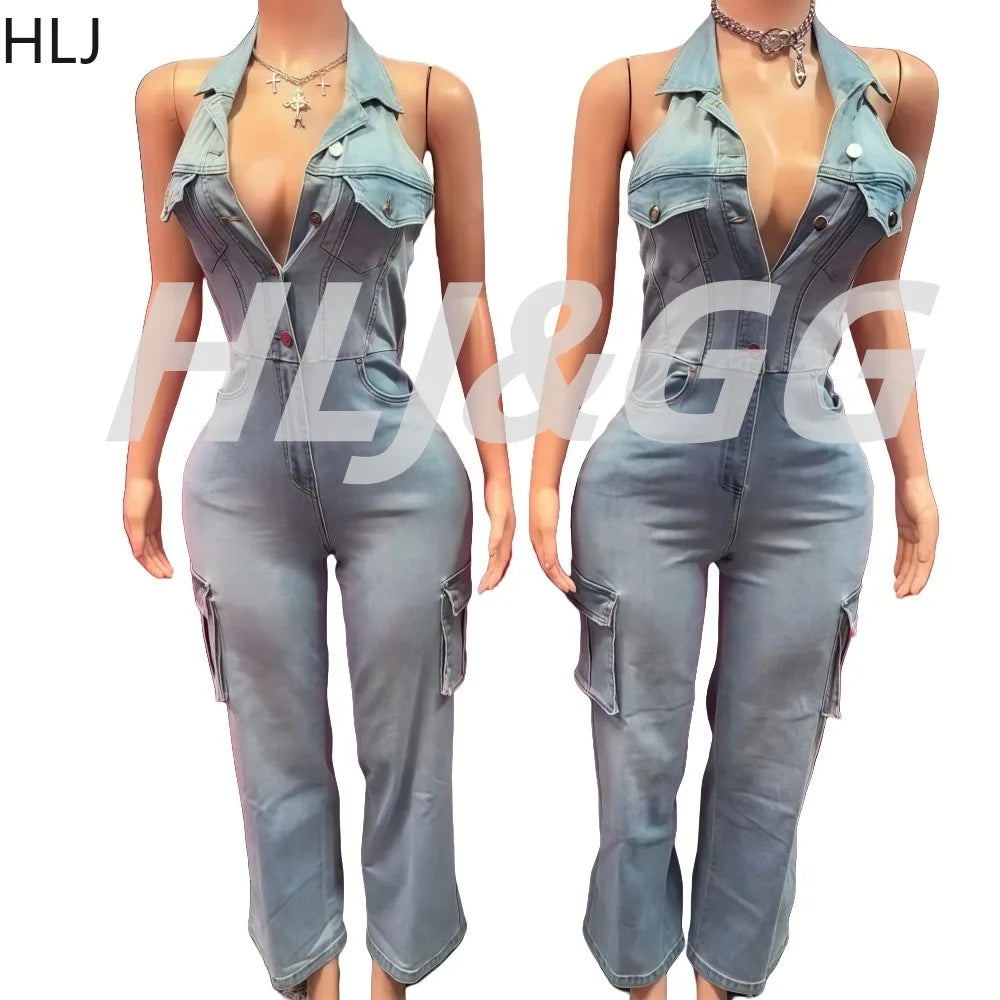 HLJ Fashion Denim Jumpsuit Women Lapel Sleeveless Backless Cargo Pocket Patchwork Romper Female Streetwear Cowboy Overalls
