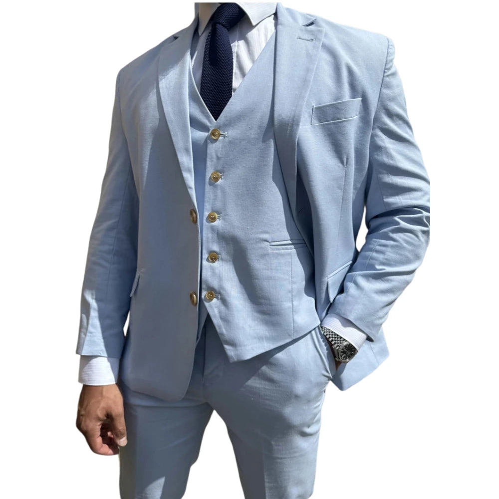 3 Pieces Linen Men Suits for Beach Party Slim Fit Beige Wedding Tuxedo for Groom Prom Male Fashion Suit Blazer with Vest Pants