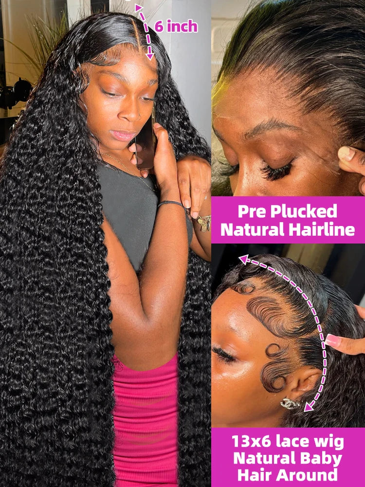 13x6 HD Transparent Deep Wave Frontal Wig 200 Density 13x4 Lace Front Wig Human Hair Brazilian Raw 30 40 Inch Loose Curly Wigs