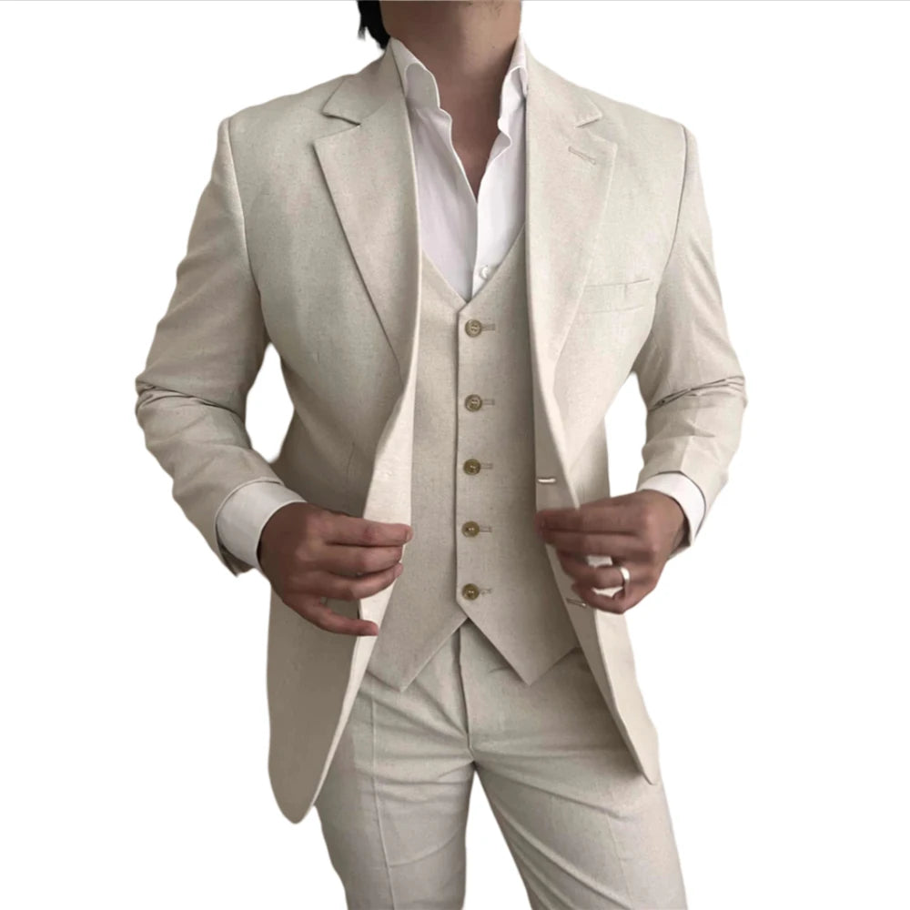 3 Pieces Linen Men Suits for Beach Party Slim Fit Beige Wedding Tuxedo for Groom Prom Male Fashion Suit Blazer with Vest Pants