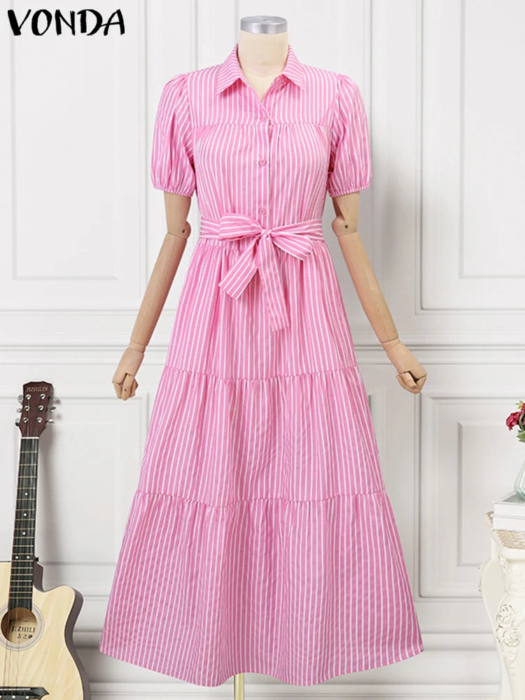 Plus Size 5XL VONDA Women Dress 2025 Short Sleeve Casual Elegant Shirt Sundress Elegant Loose Stripe Vestidos Belted