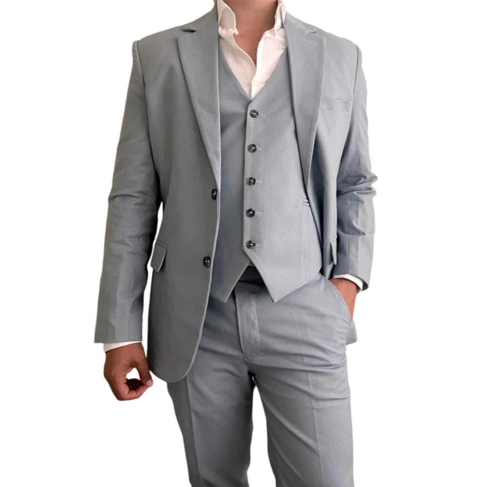 3 Pieces Linen Men Suits for Beach Party Slim Fit Beige Wedding Tuxedo for Groom Prom Male Fashion Suit Blazer with Vest Pants