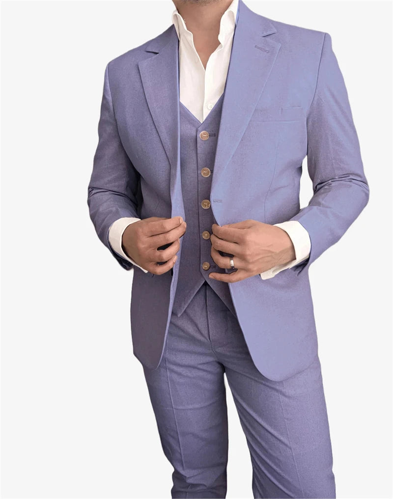 3 Pieces Linen Men Suits for Beach Party Slim Fit Beige Wedding Tuxedo for Groom Prom Male Fashion Suit Blazer with Vest Pants
