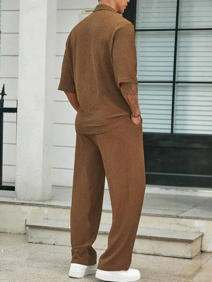 Summer Men's Set Half Sleeved Shirt and Long Pants Two-piece Turn-down V-neck Casual Streetwear Holiday Loose Suit Hot Sales
