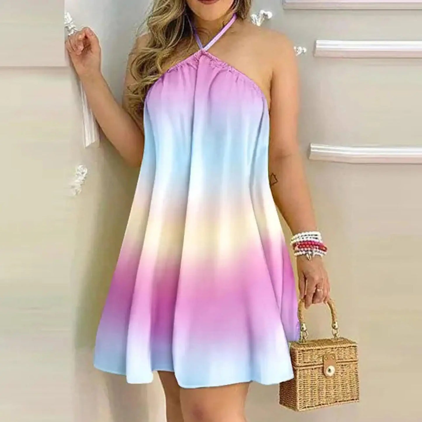 Plus Size Dresses For Woman 2023 Sexy Sleeveless Backless Short Mini Dress Loose Halter Neck Print Beach Sundress Floral Vestido