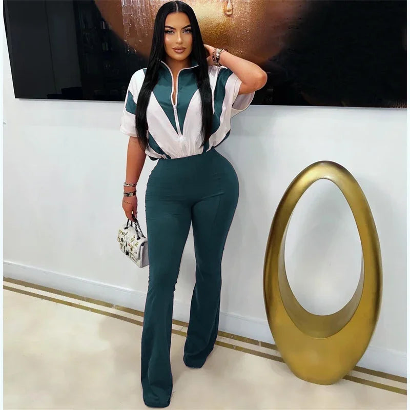Front Zipper Turn-down Collar Patchwork One Piece Jumpsuit Women Short Sleeve High Waist Widel Leg Pants Casual Romper Overalls