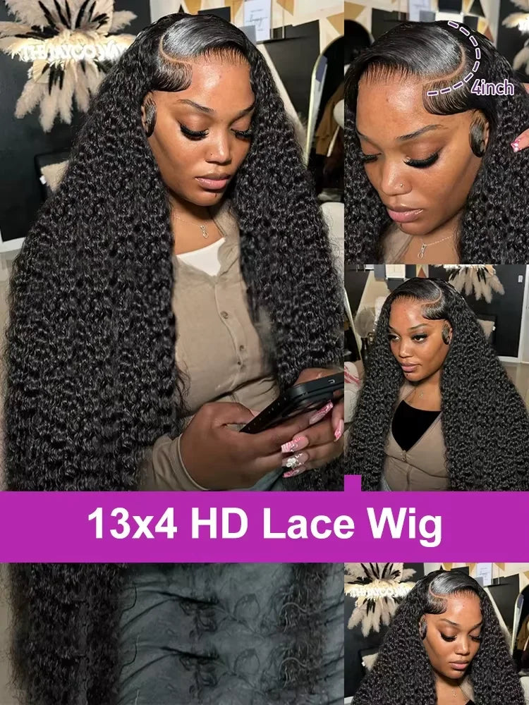 13x6 HD Transparent Deep Wave Frontal Wig 200 Density 13x4 Lace Front Wig Human Hair Brazilian Raw 30 40 Inch Loose Curly Wigs