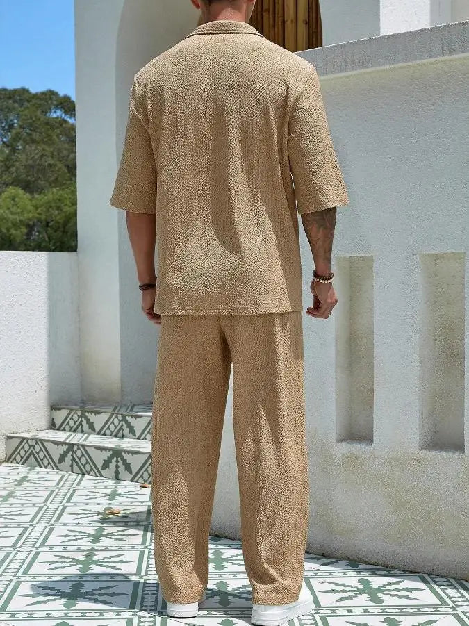 Summer Men's Set Half Sleeved Shirt and Long Pants Two-piece Turn-down V-neck Casual Streetwear Holiday Loose Suit Hot Sales