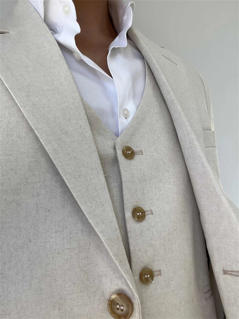 3 Pieces Linen Men Suits for Beach Party Slim Fit Beige Wedding Tuxedo for Groom Prom Male Fashion Suit Blazer with Vest Pants