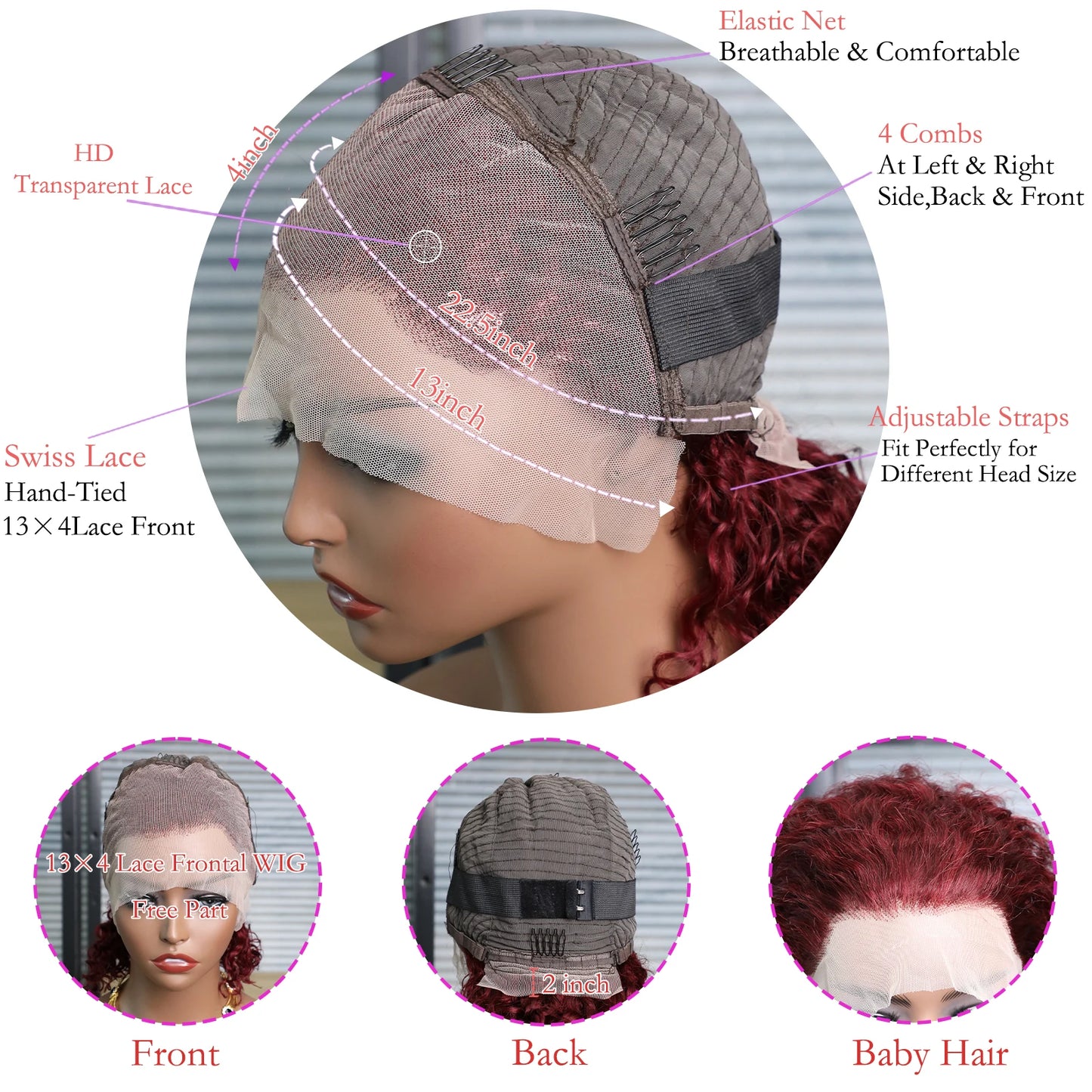 99J Burgundy Curly Wigs Brazilian 13x4 Full Lace Frontal Human Hair Wig 200% Density Colored Water Wave Short Bob Wig Human Hair