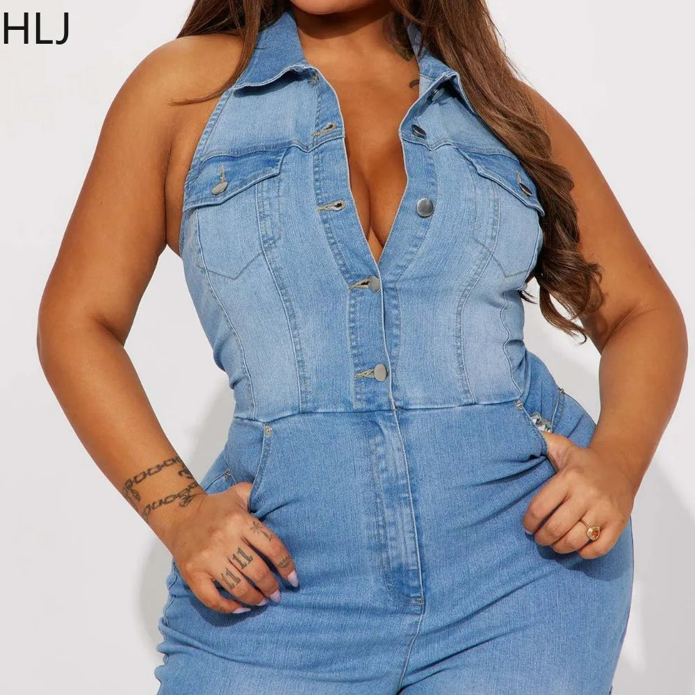 HLJ Fashion Denim Jumpsuit Women Lapel Sleeveless Backless Cargo Pocket Patchwork Romper Female Streetwear Cowboy Overalls