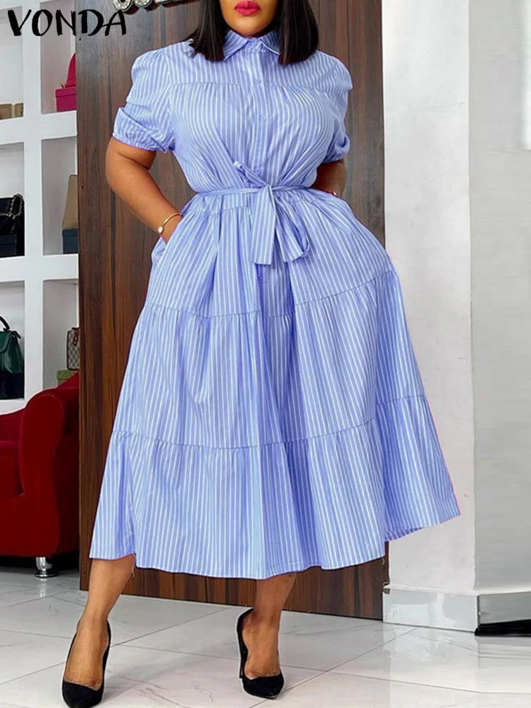 Plus Size 5XL VONDA Women Dress 2025 Short Sleeve Casual Elegant Shirt Sundress Elegant Loose Stripe Vestidos Belted