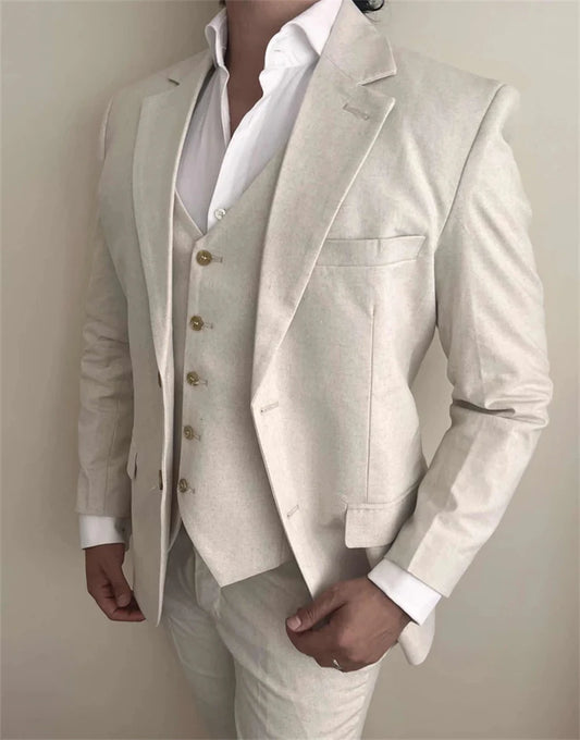 3 Pieces Linen Men Suits for Beach Party Slim Fit Beige Wedding Tuxedo for Groom Prom Male Fashion Suit Blazer with Vest Pants