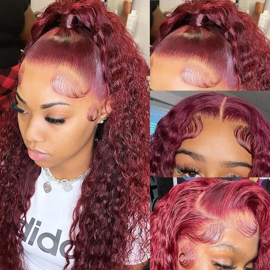 99j Burgundy Water Wave 13x4 Lace Front Human Hair Remy 180 Density Red Wine Colored Deep Wave 13x6 Lace Frontal Wig For Women