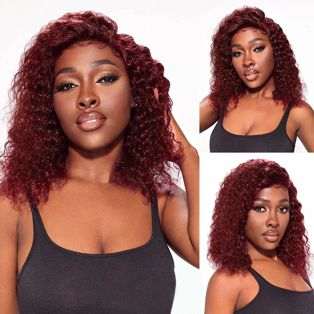 99J Burgundy Curly Wigs Brazilian 13x4 Full Lace Frontal Human Hair Wig 200% Density Colored Water Wave Short Bob Wig Human Hair