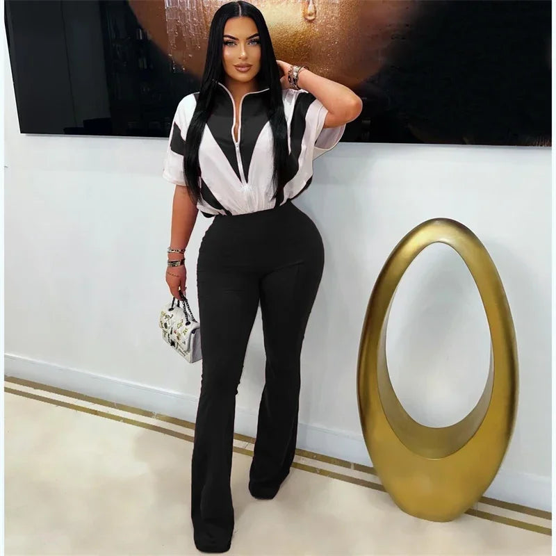 Front Zipper Turn-down Collar Patchwork One Piece Jumpsuit Women Short Sleeve High Waist Widel Leg Pants Casual Romper Overalls