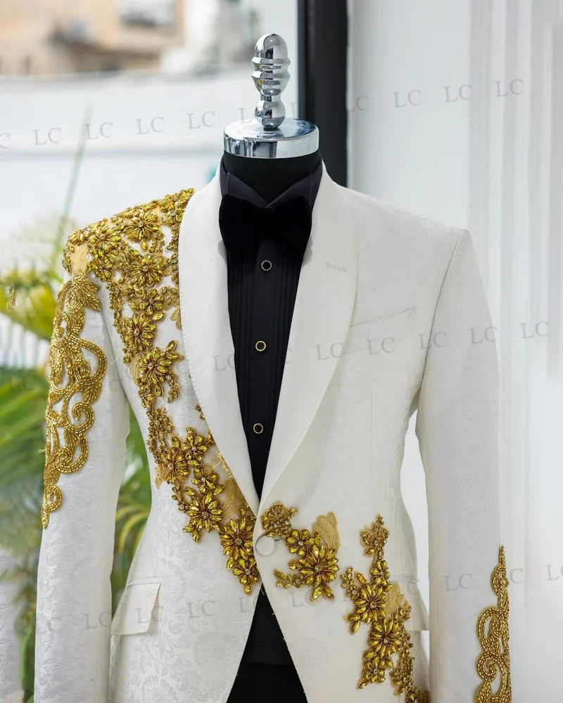 Jacquard Men Suits 2 Pieces Blazer Pants One Button Diamonds Beadings Appliques Prom Formal Wedding Groom Plus Size Tailored