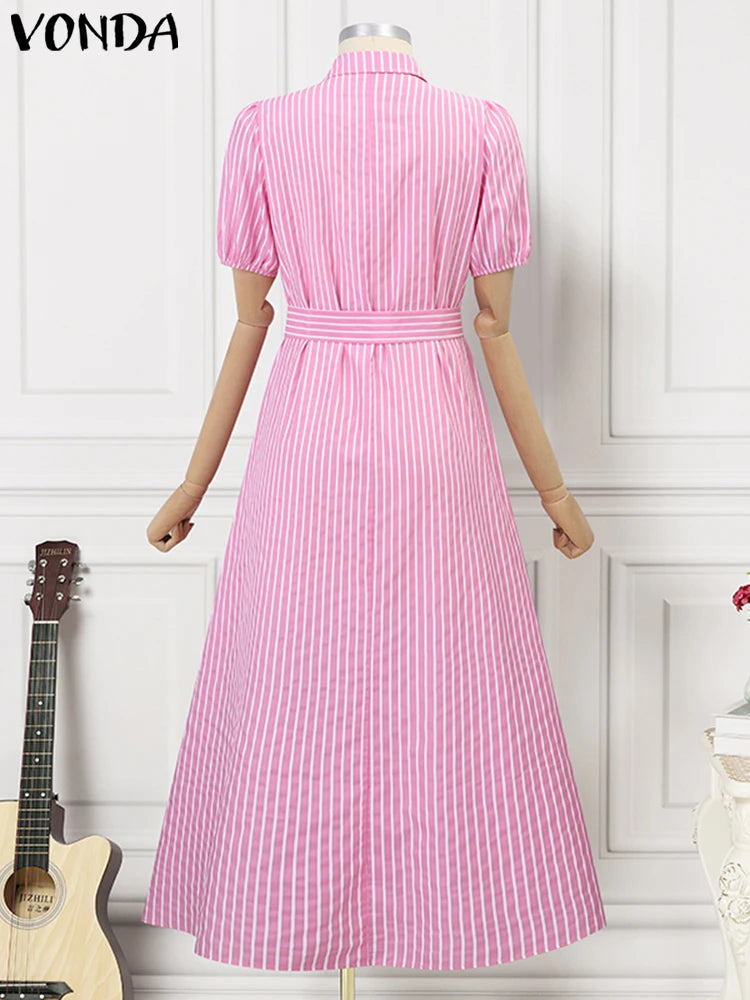 Plus Size 5XL VONDA Women Dress 2025 Short Sleeve Casual  Elegant Shirt Sundress Elegant Loose Stripe Vestidos Belted
