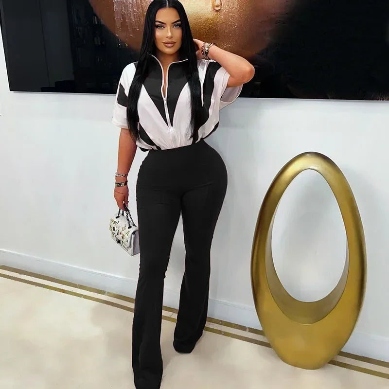Front Zipper Turn-down Collar Patchwork One Piece Jumpsuit Women Short Sleeve High Waist Widel Leg Pants Casual Romper Overalls