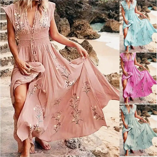 2024 Summer Sexy V-neck Sleeveless Long Dress Women Clothing Vacation Beach Bohemian Sundress Female Fashion Slim Floral Skirt
