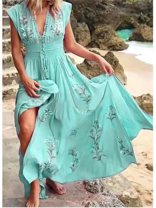 2024 Summer Sexy V-neck Sleeveless Long Dress Women Clothing Vacation Beach Bohemian Sundress Female Fashion Slim Floral Skirt