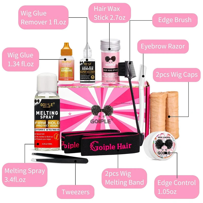 GOIPLE Melting Spray Glue for Lace Front Extra Hold Wig Adhesive Bond Tool and Remover Slick Hair Wax Stick Edge Control Gel Kit