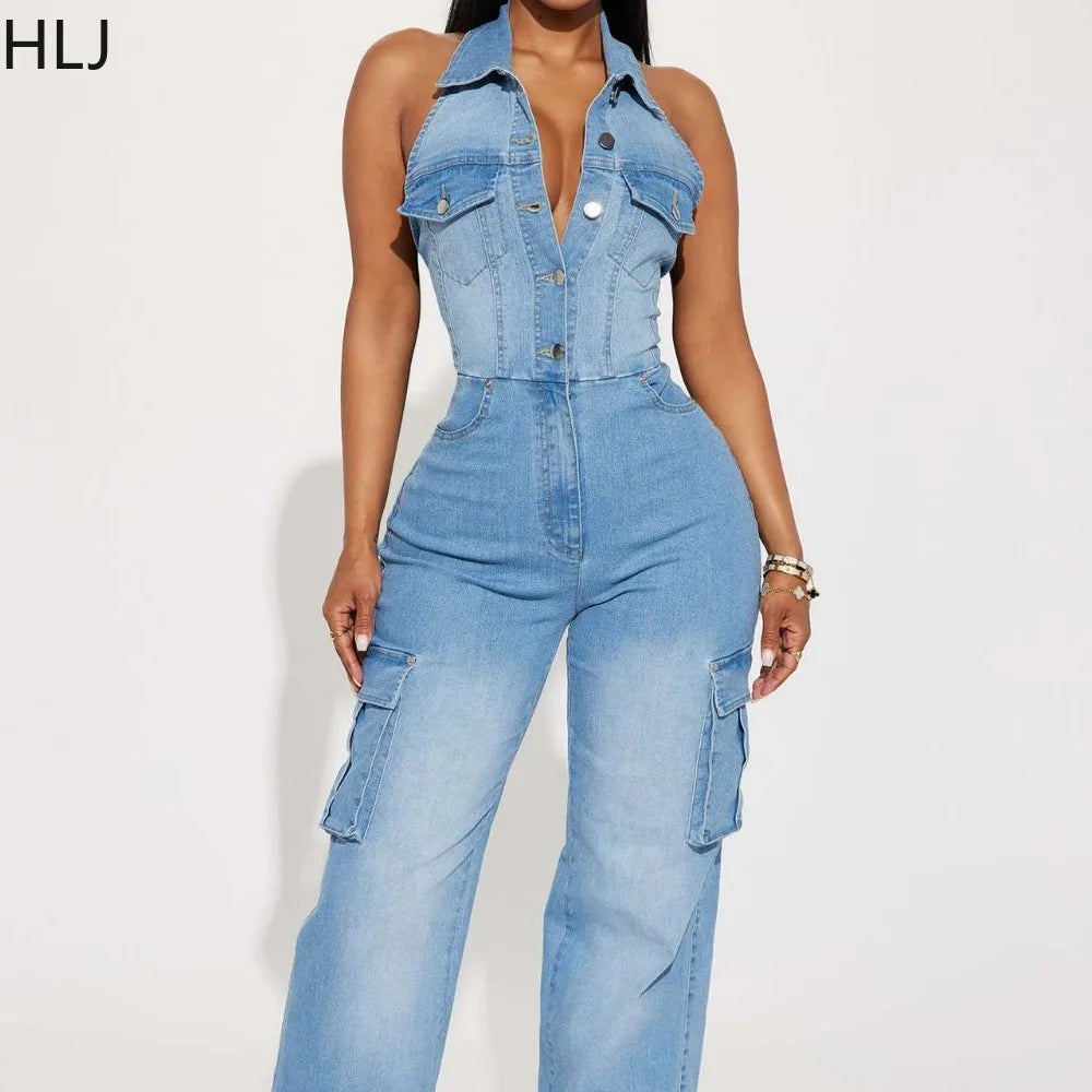 HLJ Fashion Denim Jumpsuit Women  Lapel Sleeveless Backless Cargo Pocket Patchwork Romper Female Streetwear Cowboy Overalls