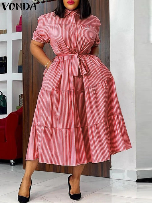 Plus Size 5XL VONDA Women Dress 2025 Short Sleeve Casual  Elegant Shirt Sundress Elegant Loose Stripe Vestidos Belted