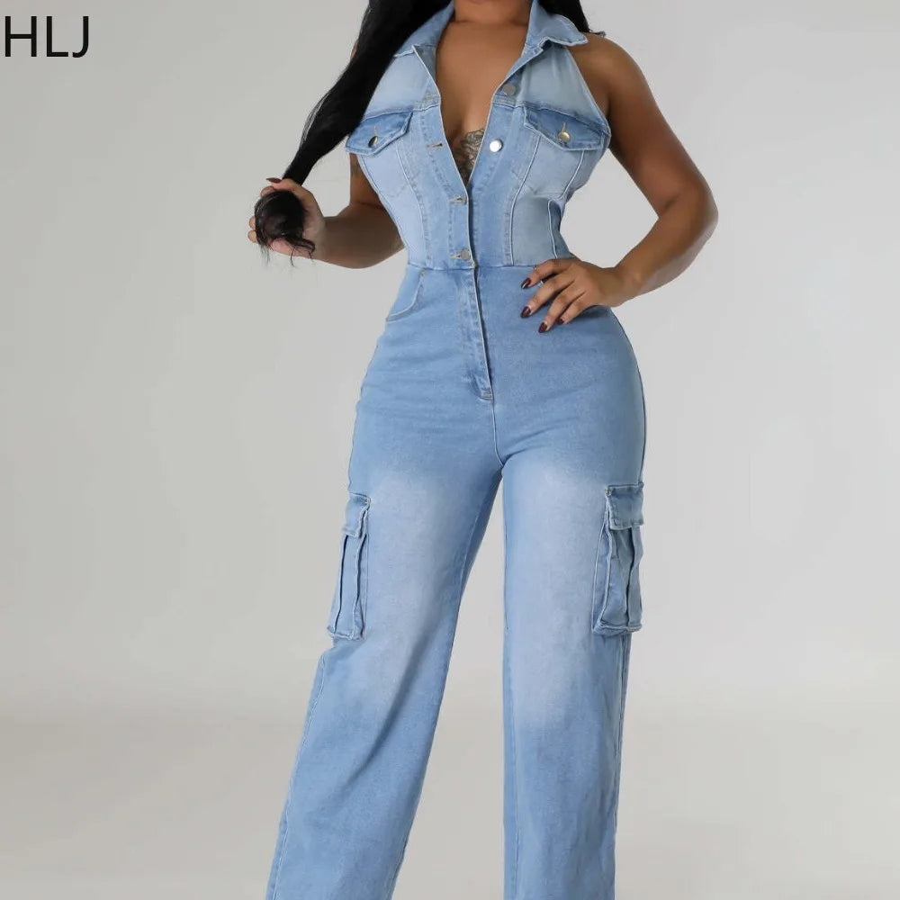 HLJ Fashion Denim Jumpsuit Women  Lapel Sleeveless Backless Cargo Pocket Patchwork Romper Female Streetwear Cowboy Overalls