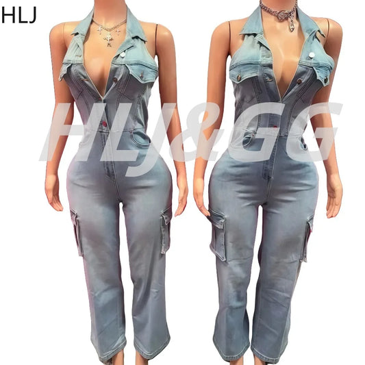 HLJ Fashion Denim Jumpsuit Women  Lapel Sleeveless Backless Cargo Pocket Patchwork Romper Female Streetwear Cowboy Overalls