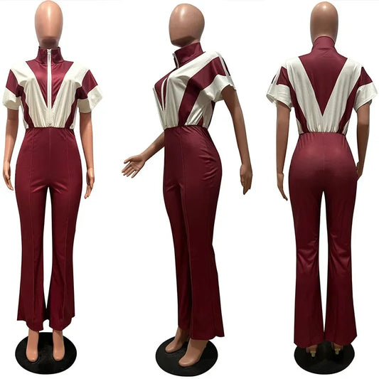 Front Zipper Turn-down Collar Patchwork One Piece Jumpsuit Women Short Sleeve High Waist Widel Leg Pants Casual Romper Overalls