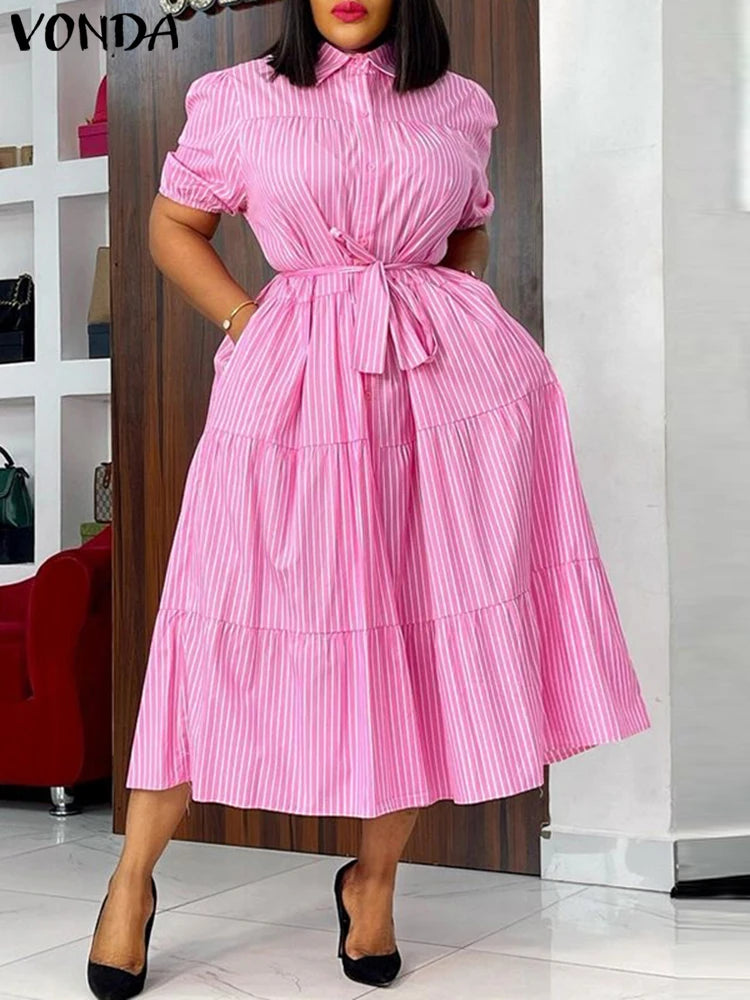 Plus Size 5XL VONDA Women Dress 2025 Short Sleeve Casual  Elegant Shirt Sundress Elegant Loose Stripe Vestidos Belted