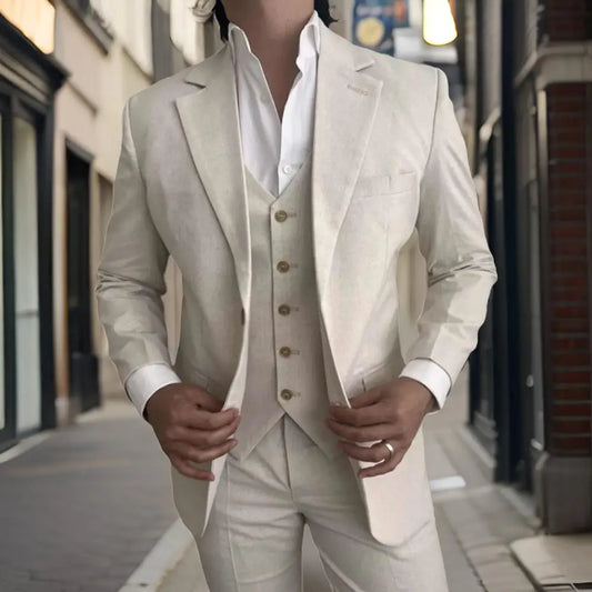 3 Pieces Linen Men Suits for Beach Party Slim Fit Beige Wedding Tuxedo for Groom Prom Male Fashion Suit Blazer with Vest Pants
