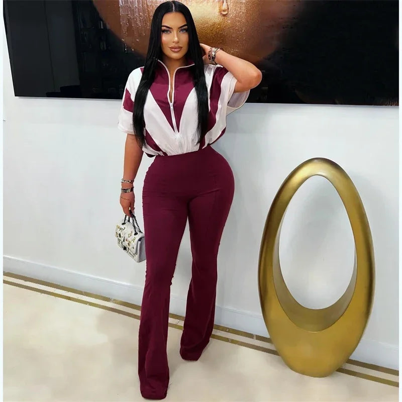 Front Zipper Turn-down Collar Patchwork One Piece Jumpsuit Women Short Sleeve High Waist Widel Leg Pants Casual Romper Overalls