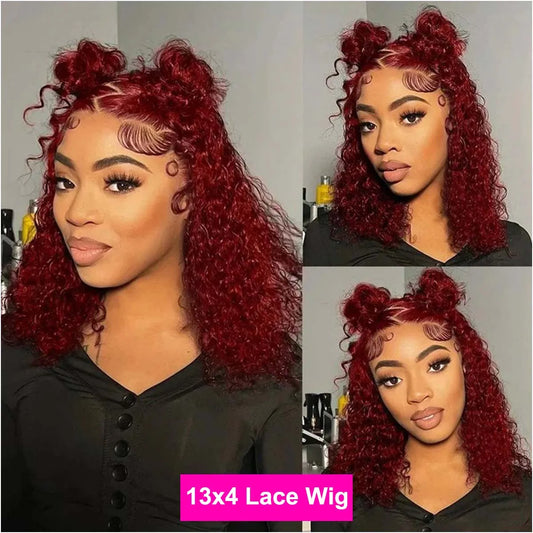 99J Burgundy Curly Wigs Brazilian 13x4 Full Lace Frontal Human Hair Wig 200% Density Colored Water Wave Short Bob Wig Human Hair